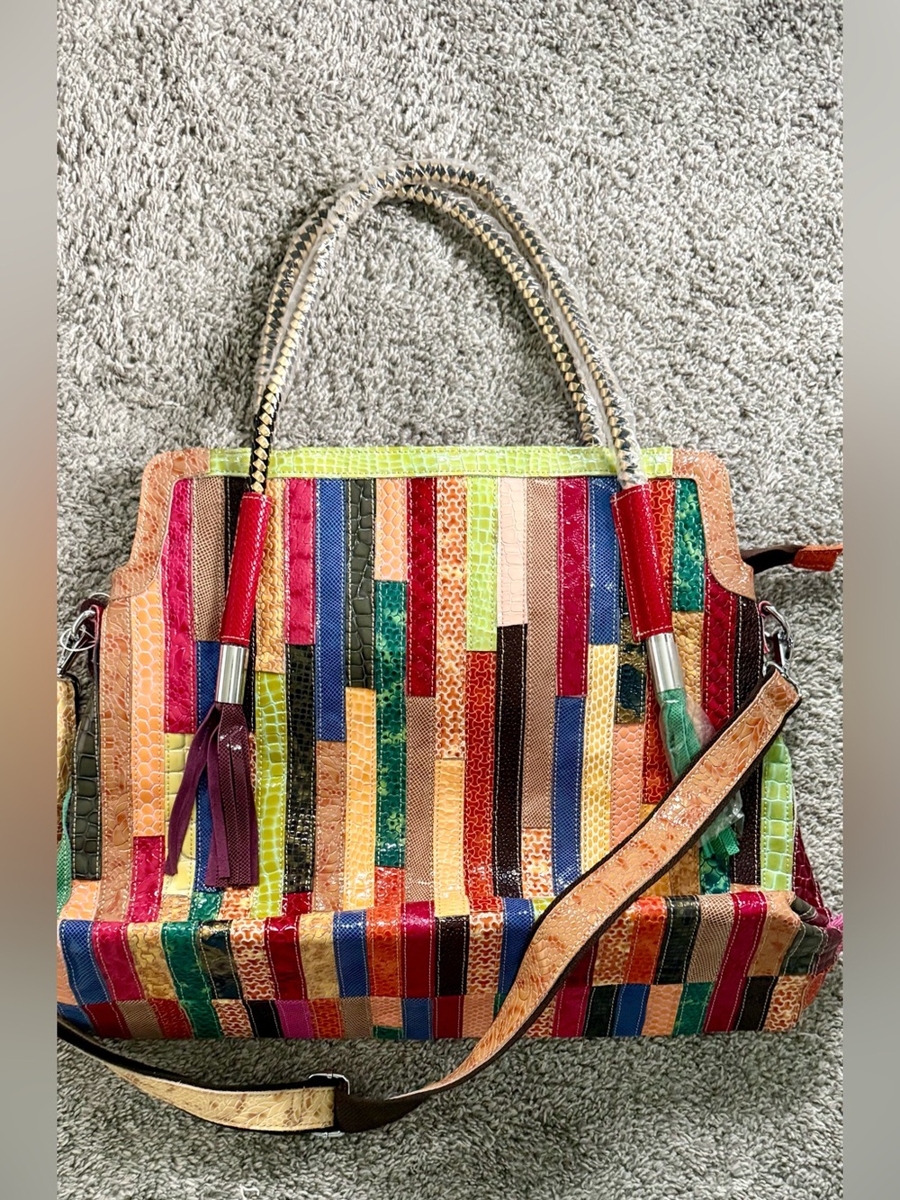 NWT Genuine Leather Patchwork Tote - Colorful Snake & Croc Statement Bag